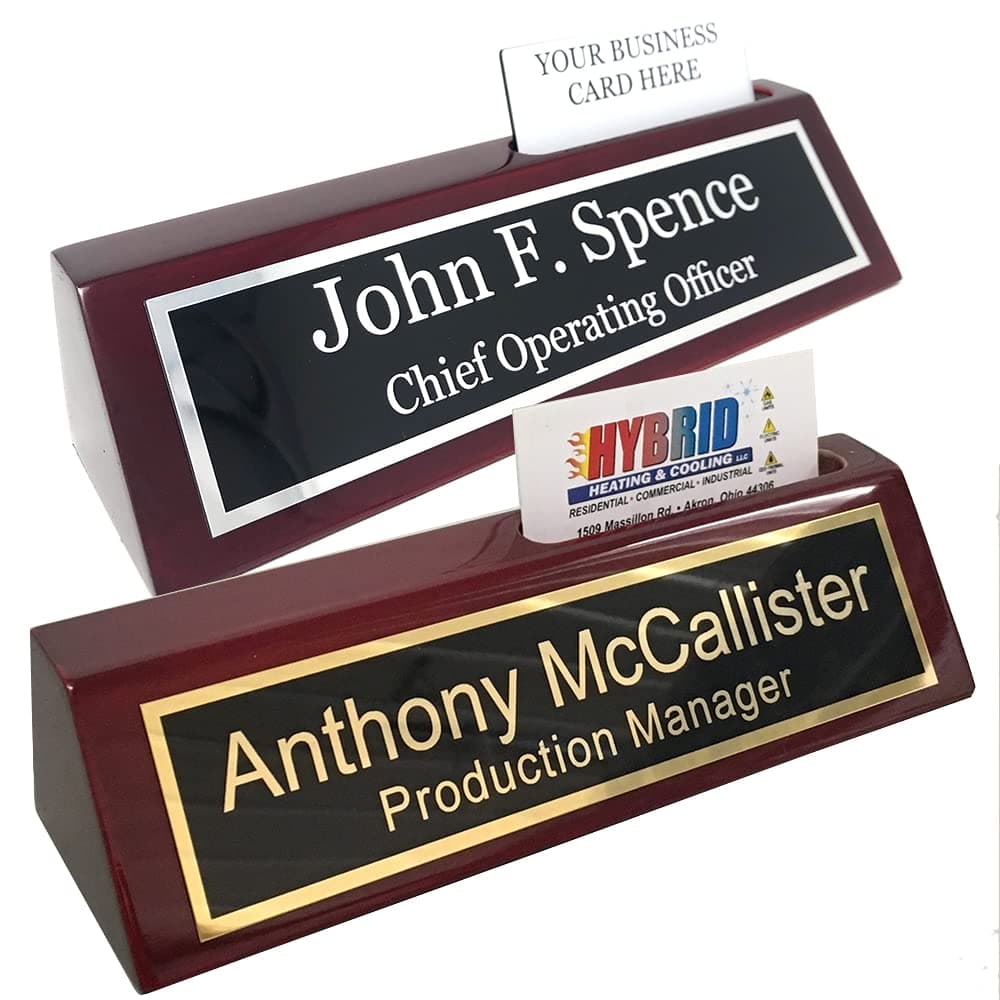 Desk Name Plate Personalized - Name Plate for Desk with Business Card Holder Includes Engraving - Choose Your Metal Plate (Black/Gold Metal Plate)