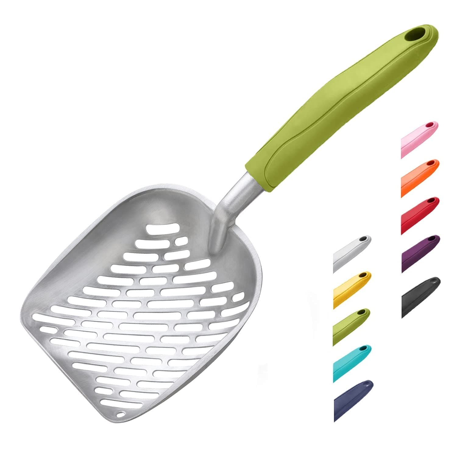 WePet Cat Litter Scoop, Aluminum Alloy Sifter, Kitty Metal Scooper, Deep Shovel with Diagonal Sifting Hole, Long Handle, Kitten Poop Lifter for Litter Box, Large Size, Green Handle