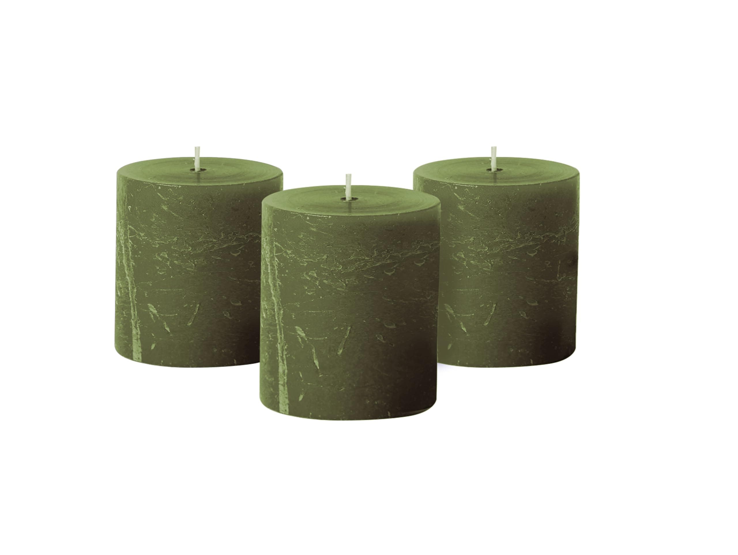 3x3 inch Dark Moss Green Pillar Candles Set of 3, Rustic Texture, Unscented Green Candles, Dripless Candles, 3 inch Pillar Candles for Wedding Parties Spas Dinner Home Decoration Church