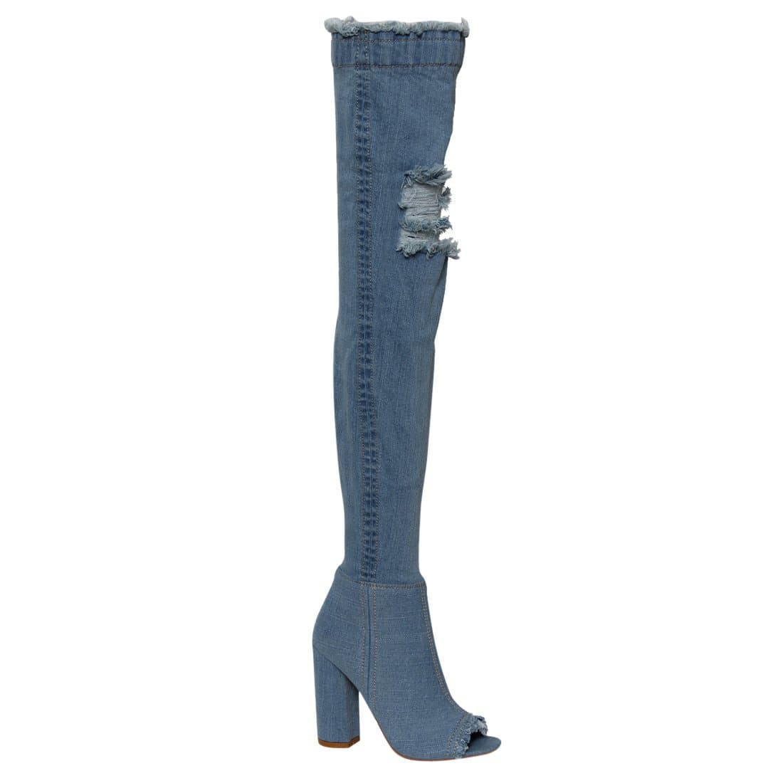 PAZZLE Una-01 Thigh High Over Knee Stretch Denim Open Toe Block Heel Boot Lite Blue