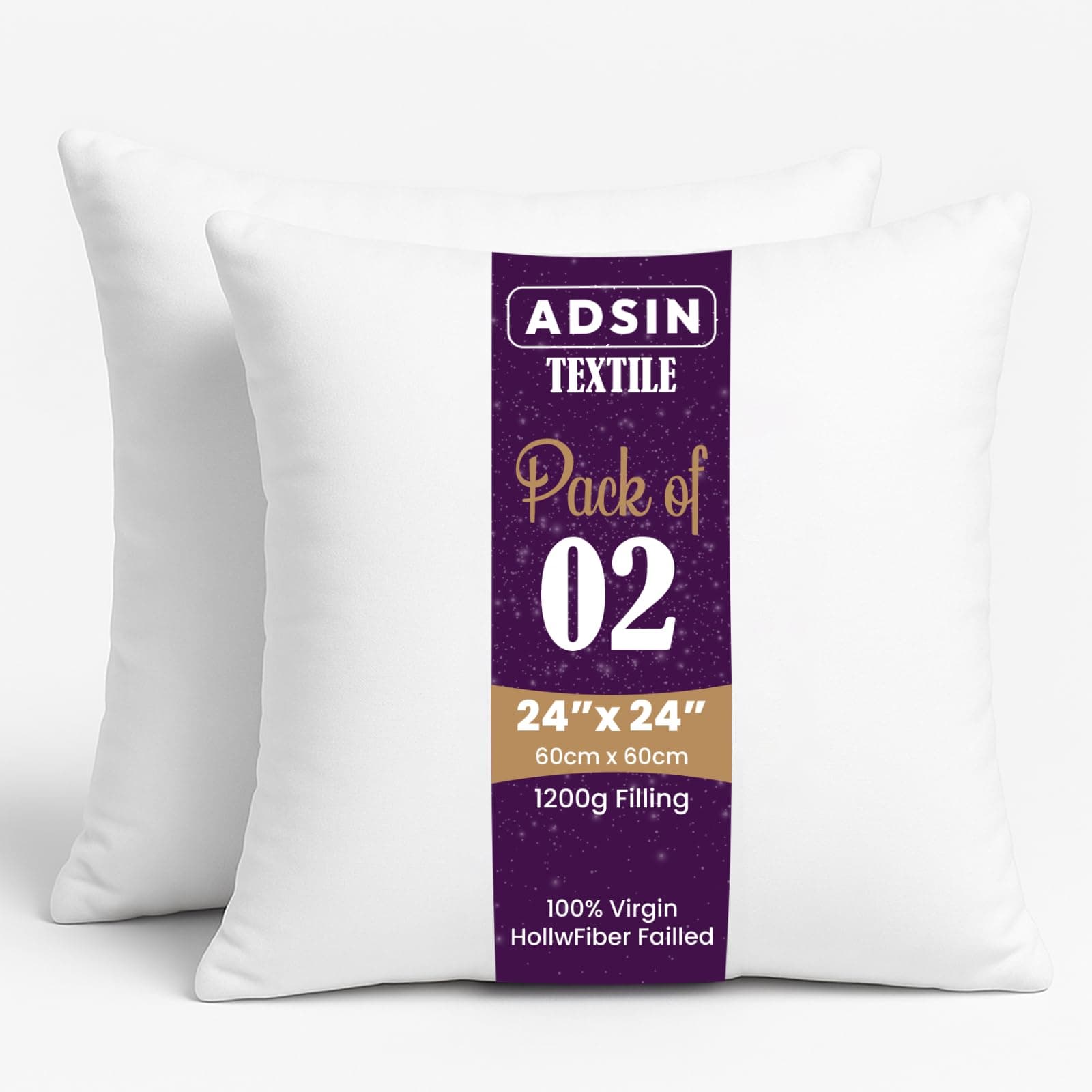 Set of 2-60cm x 60cm Hollowfibre New White Hollowfiber Cushion Pad Inner Stuffer Pillow Polyester Insert Square Hypoallergenic (Pack of 2 | 24" x 24")