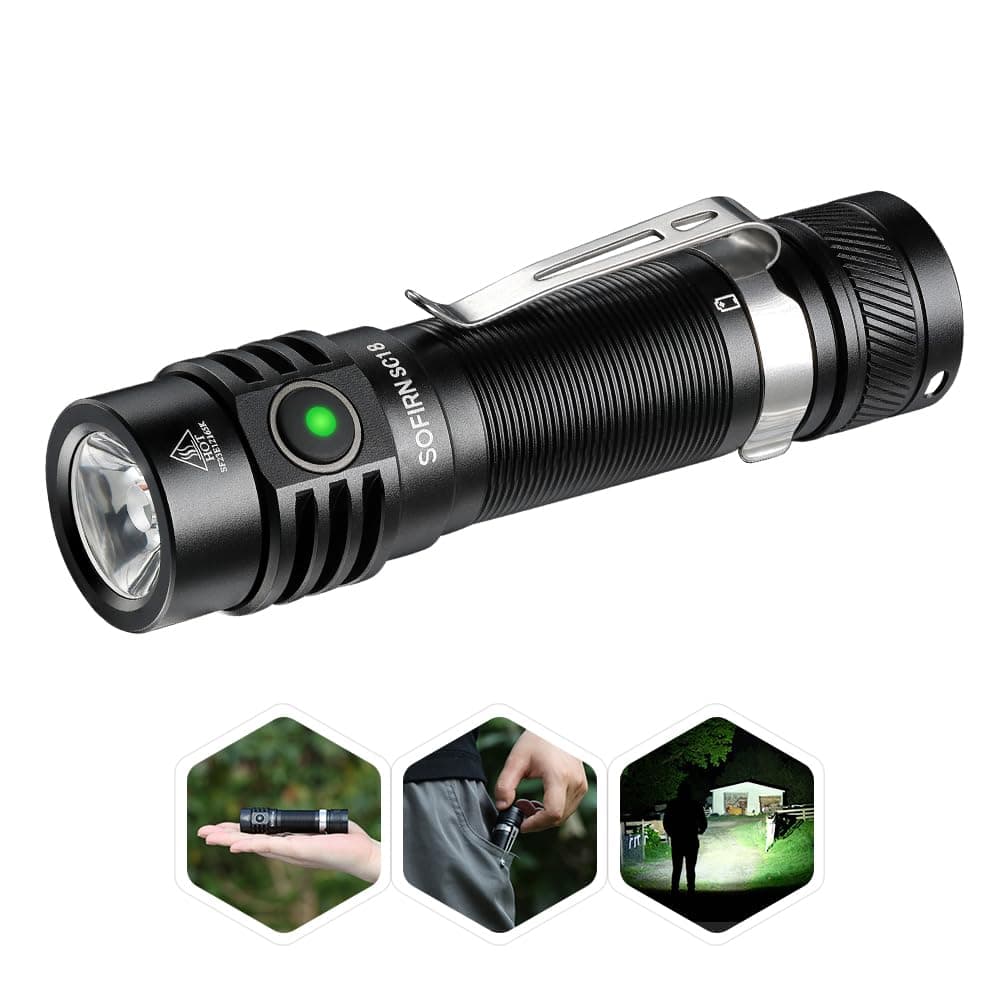 EDC Small Rechargeable Flashlight, Sofirn SC18 1800 High Lumen Flashlight, Super Bright Pocket Light with Powerful SST-40 LED, Type C Charging Port for Camping, Emergency, Dog Walking