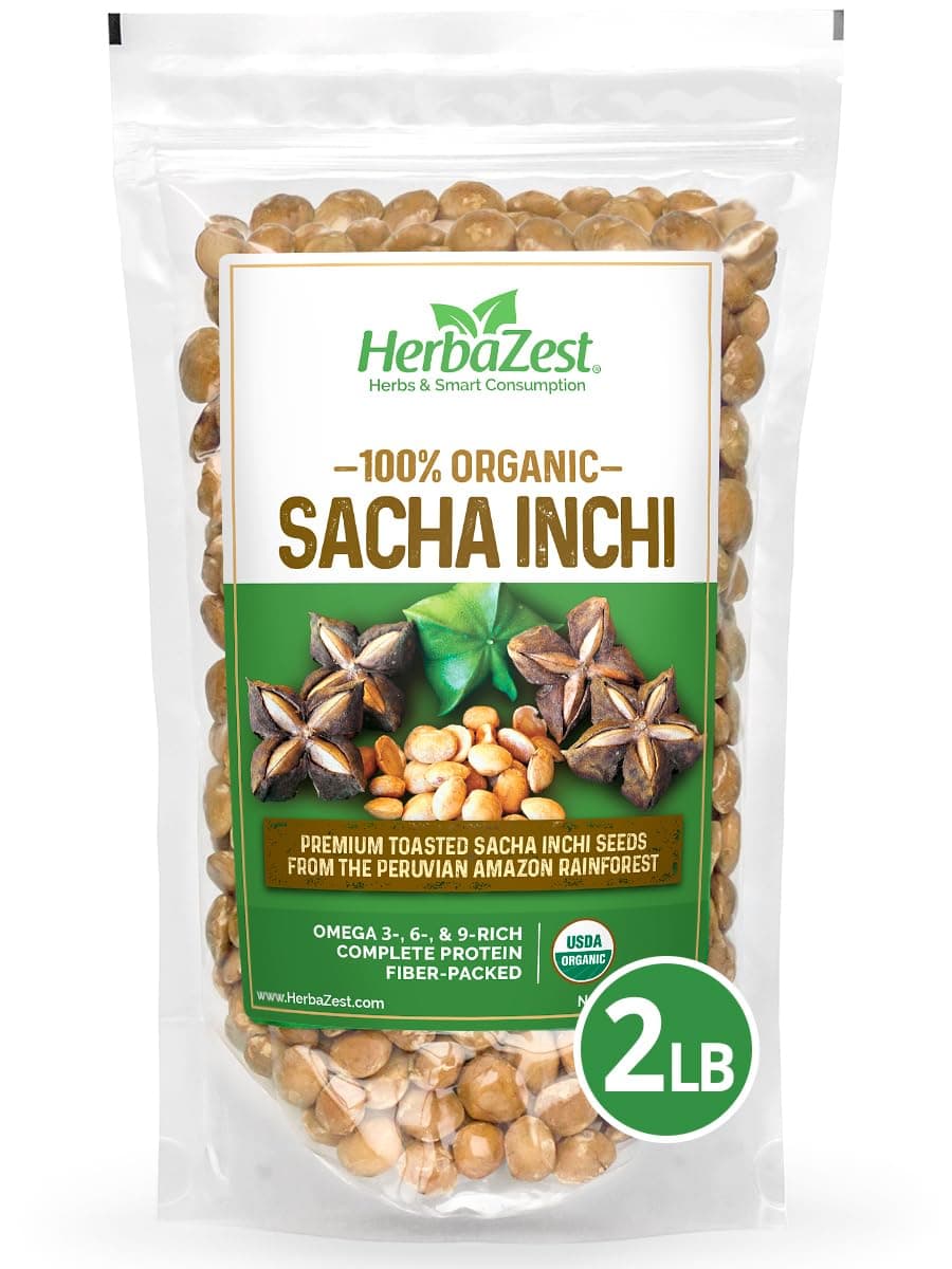 HerbaZest - Sacha Inchi Seeds (2 lbs) USDA Organically Certified Vegan, Non-GMO & Gluten Free Perfect for Sna
