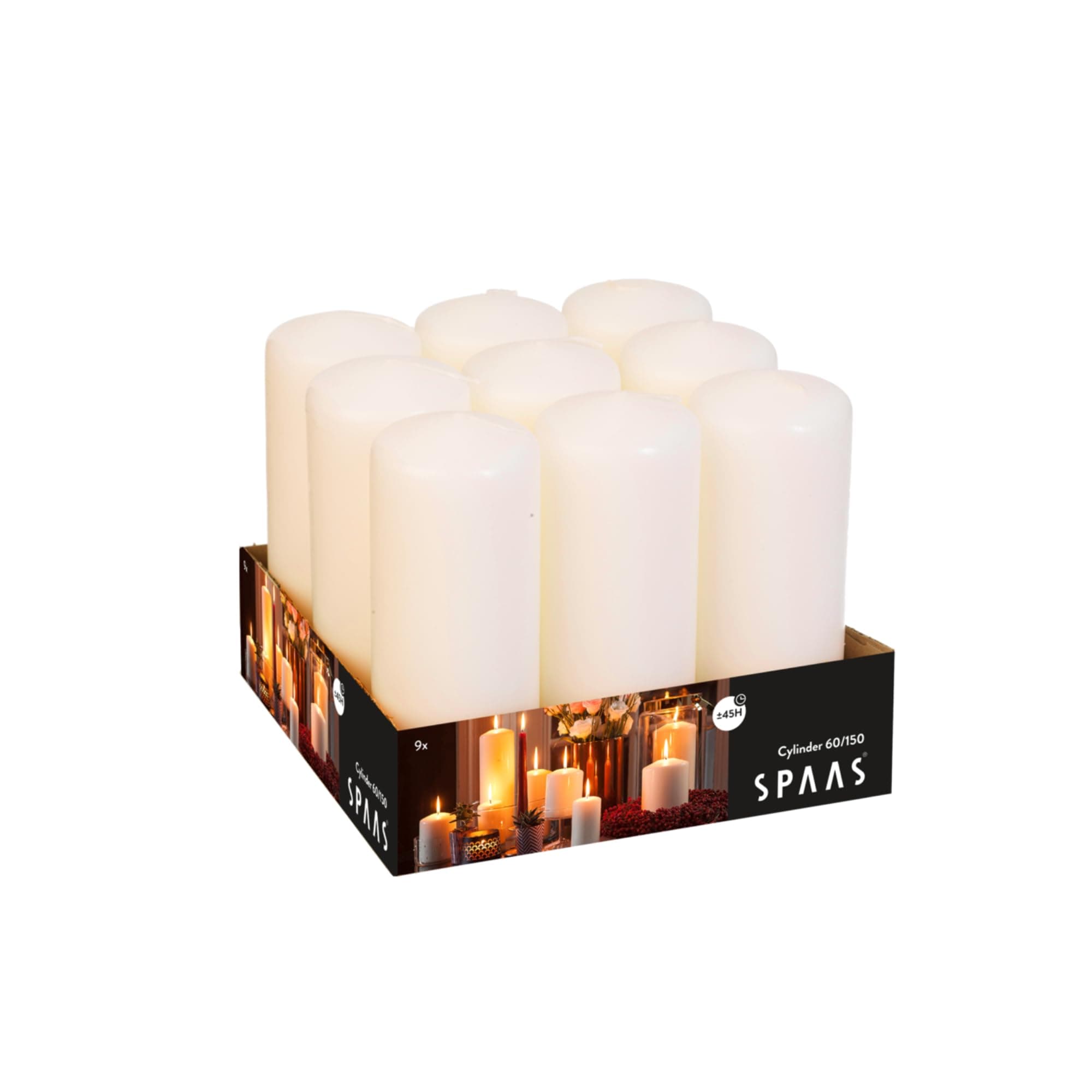 Tray of 9 Unscented Pillar Candles 60/150 mm, ± 45 Hours, Ivory