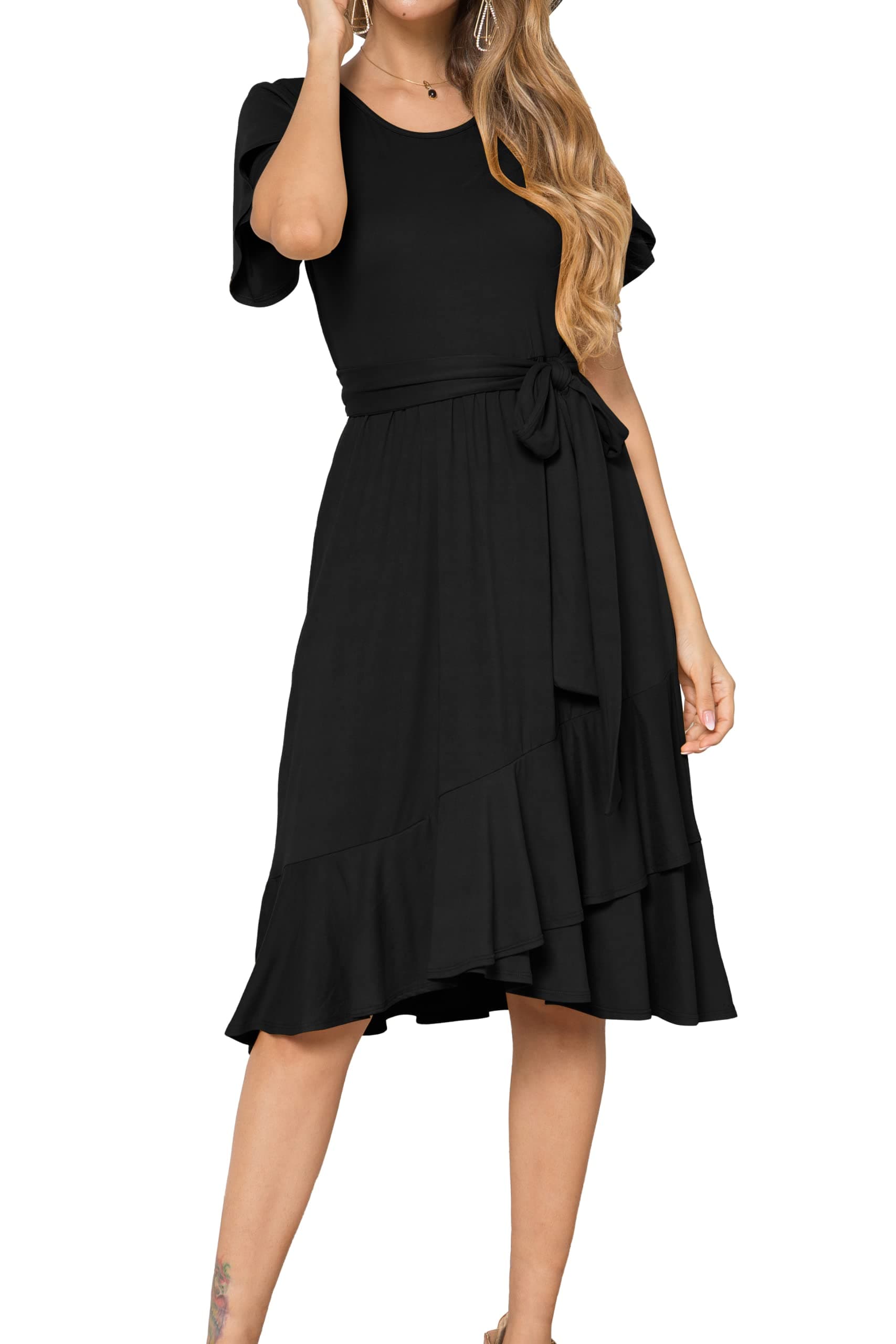 levacaWomen's Plain Casual Flowy Short Sleeve Midi Dress with Belt