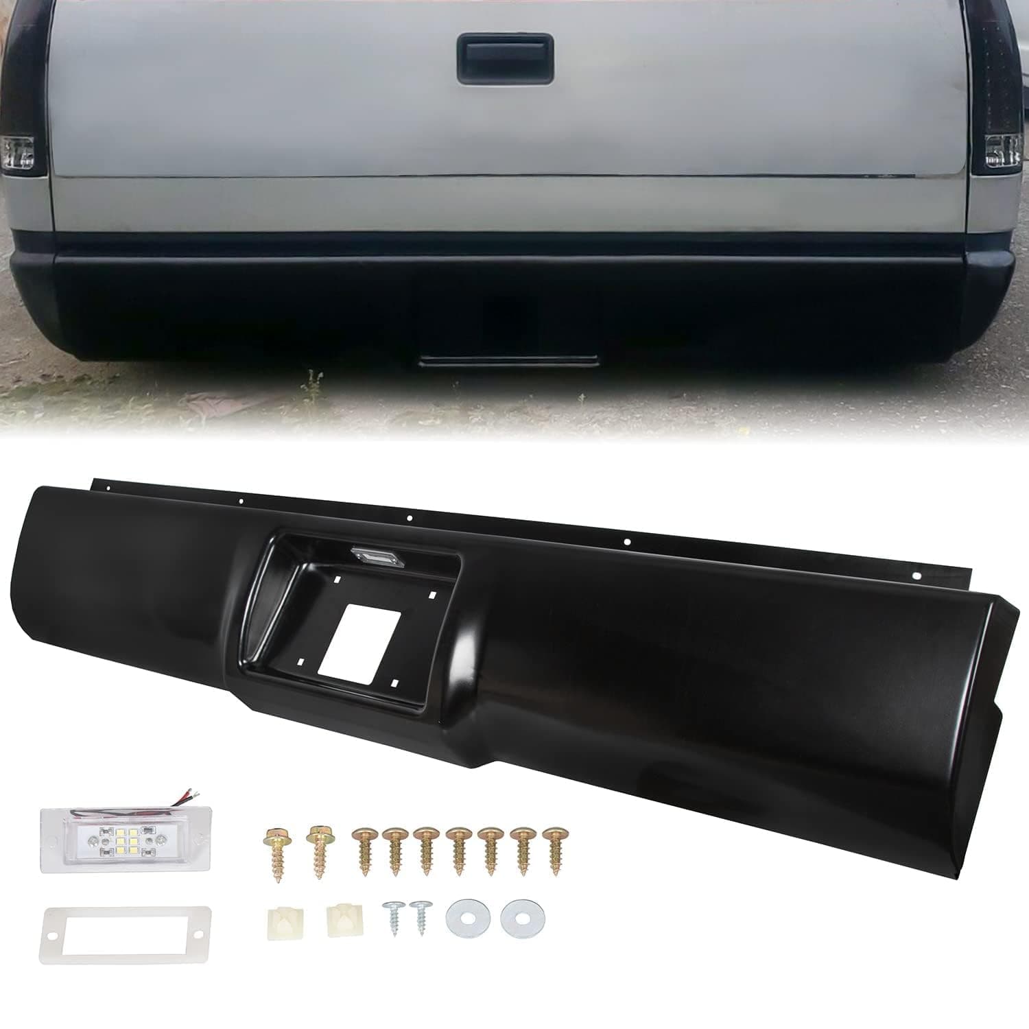 KUAFU Rear Roll Pan Bumper Compatible with 1988-1998 Chevy Chevrolet GMC C1500 C2500 C3500 K1500 K2500 K3500 for Fleetside/Styleside w/Light & Box Steel