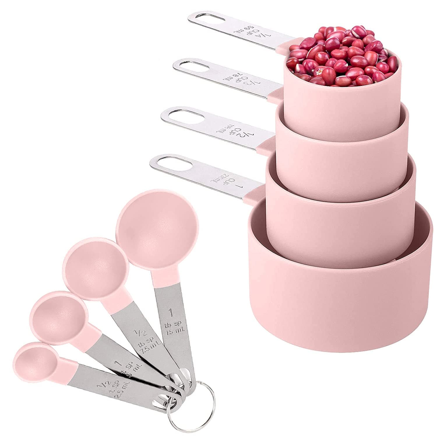 GoldenPlayer 8 Pieces Measuring Cups and Spoons Set / Nesting Measuring Cups with Stainless Steel Handle / for Dry and Liquid Ingredient (Light pink)
