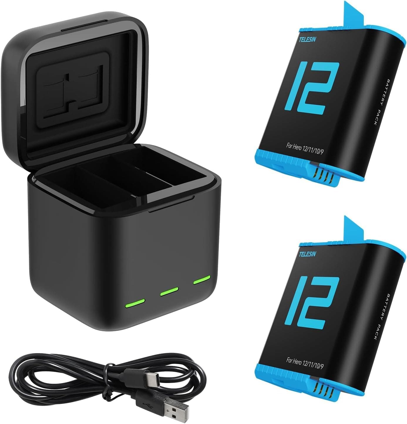 TELESIN Battery Charger Kit for GoPro Hero 12 11 10 9 Black, 2-Pack Battery + Triple Charge Case with Type-C Charging Cord for Go Pro 12 11 10 9 Original Batteries Accessories