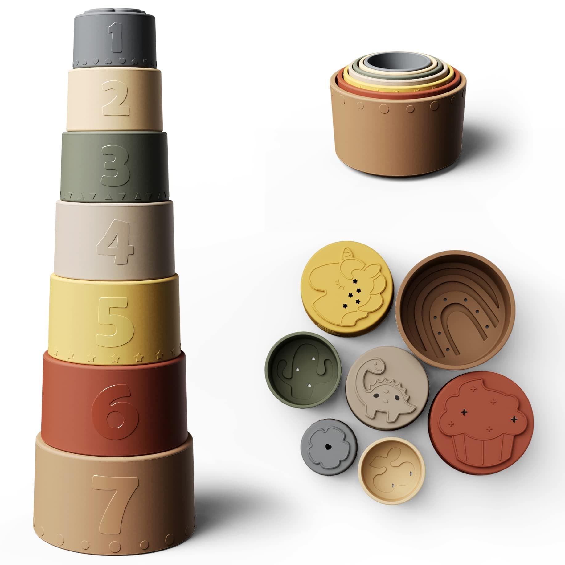 Moonkie Baby Stacking Cups Toy, Silicone Baby Teether, Early Development & Activity Toys, Silicone Soft Toy, for Bath Play, Stacking Toys 7 Piece Set, Gifts for 6 Months+