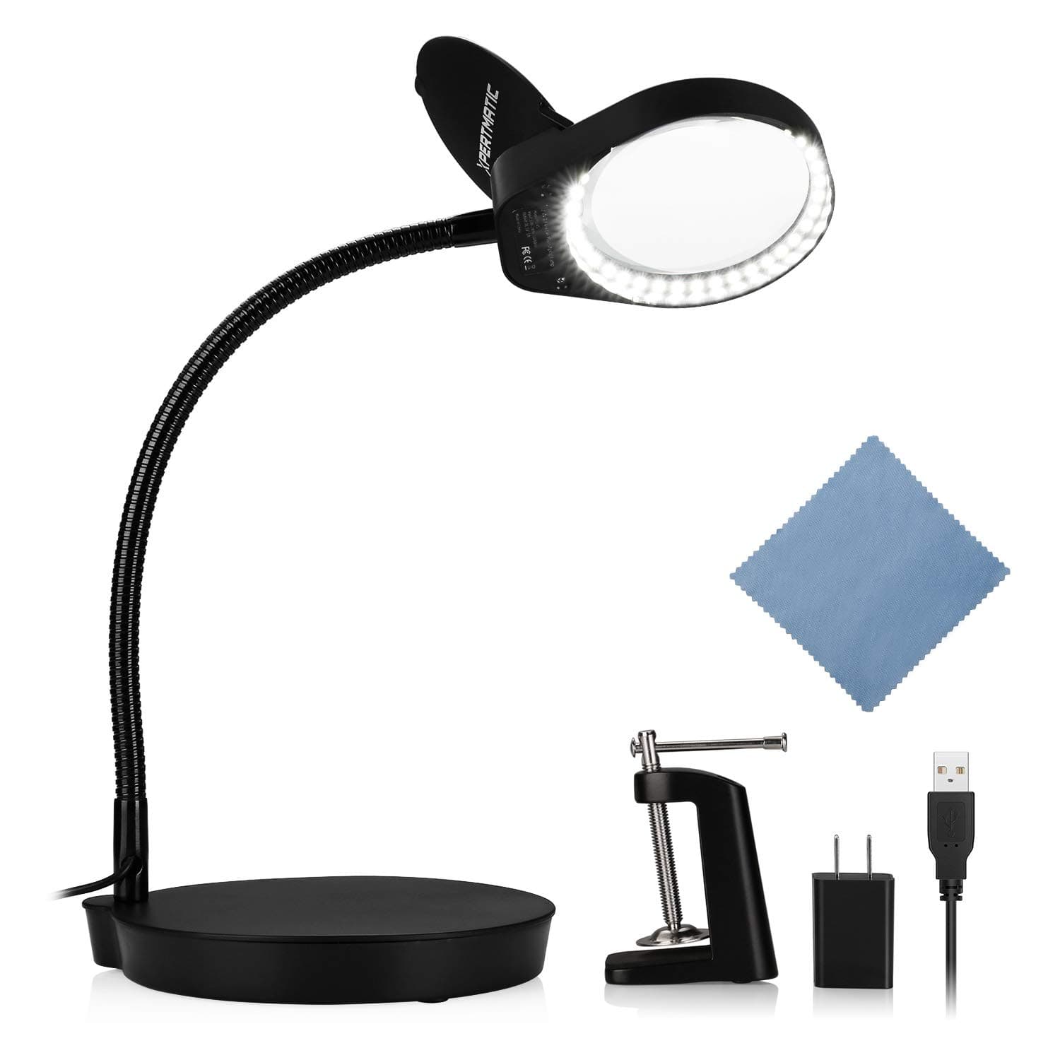 XpertMatic Dimmable Magnifying Lamp, 2.25X Magnifier with 38 LED Lights Anti-flip Stand and Clamp, 5 Diopter Hands Free Magnifying Light with Flexible Gooseneck