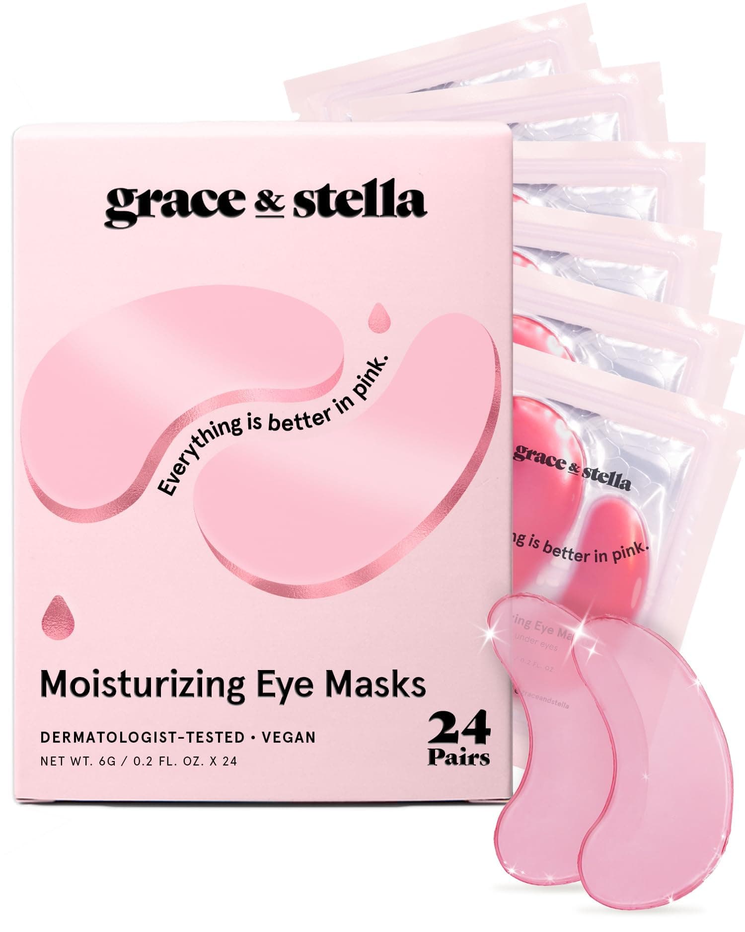 Award Winning Under Eye Mask - Reduce Dark Circles, Puffy Eyes, Undereye Bags, Wrinkles - Gel Under Eye Patches, Vegan Cruelty-Free Self Care by grace and stella (24 Pairs, Pink)
