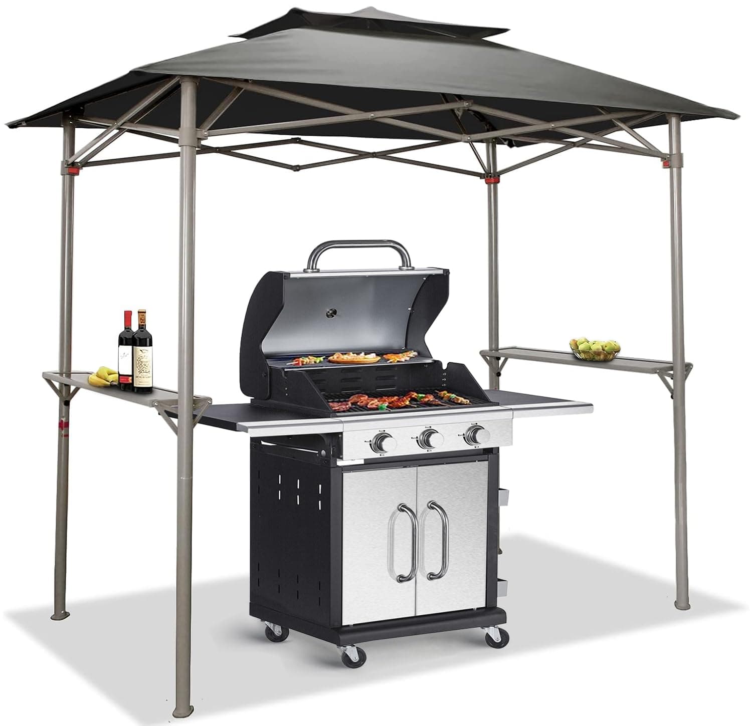 Crown Shades 8x5 Grill Gazebo - Pop Up Canopy for BBQ and Backyard Patio - Easy Outdoor Barbecue Shade Cover with Double Tier Vented Top & 2 Side Shelves (Grey)