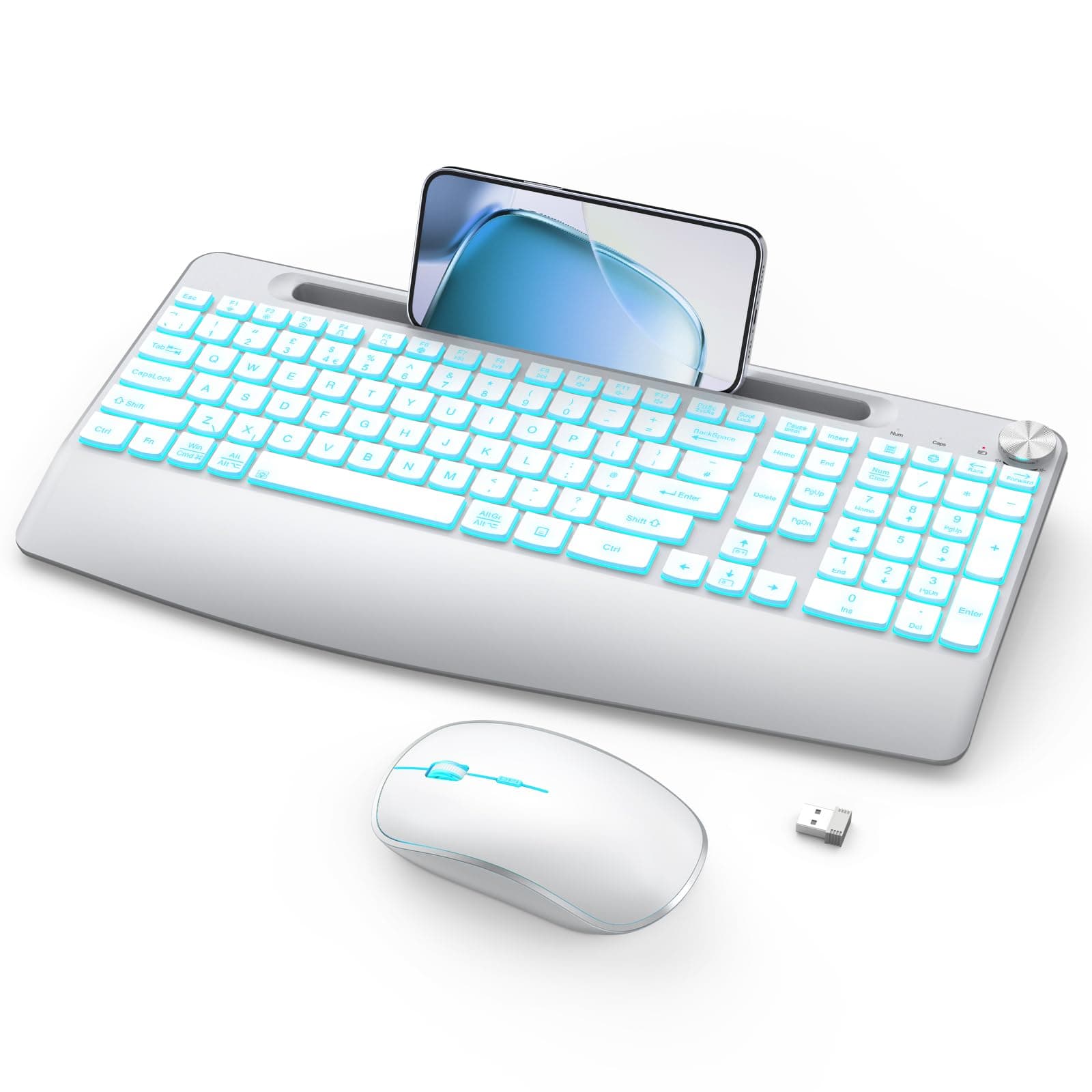 Rechargeable Wireless Keyboard and Mouse Combo - Full-Sized Keyboard with 7-Colors, Wrist Rest, Phone Holder, Volume Knob, 2.4GHz for Computer, Laptop, PC, Mac, Windows - Silver