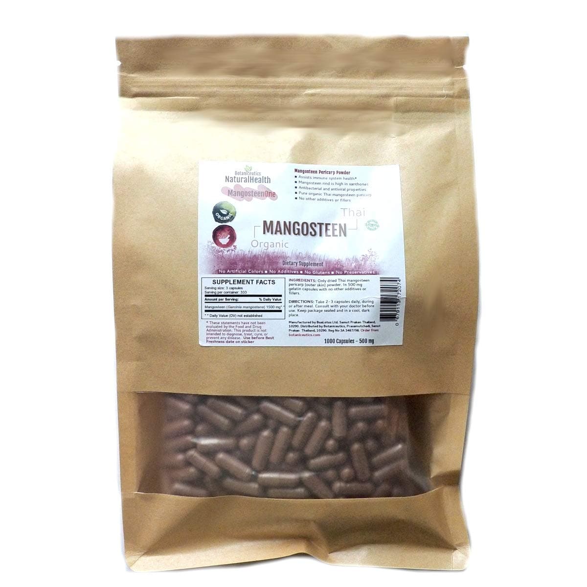 Botaniceutics Organic Mangosteen (Garcinia mangostana) Capsules - 1000 Capsule Value Pack - 500 Mg. Contains Natural Xanthones of The Mangosteen rind for Immune System Health.