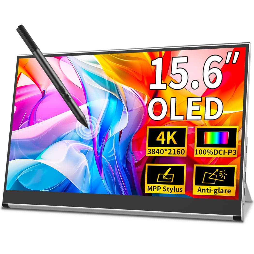 4K OLED Portable Screen, 15.6" Touch Screen, DCI-P3 100% Anti-Glare 1MS Compatible with MPP Stylus for Laptop, Eye Care, Gaming Computer, with Sliver Stand