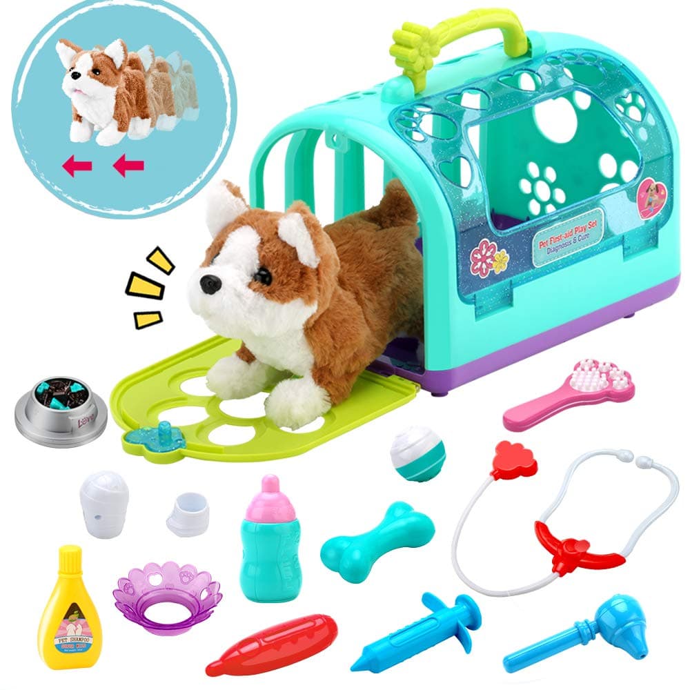 15PCS Electronic Vet Set for Kids,Walk and Bark Little Dog Pretend Play Doctor Playset Pet Care Role Play Early Educational Toys for Boys Grils Toddler