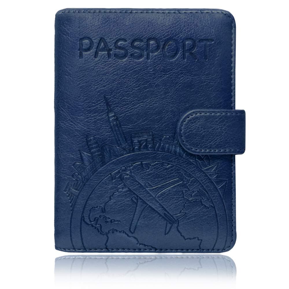 Passport Holder Leather Travel Wallet - RFID Blocking Passport Cover with Magnetic Button for Women Men By Talent (Blue - Map)