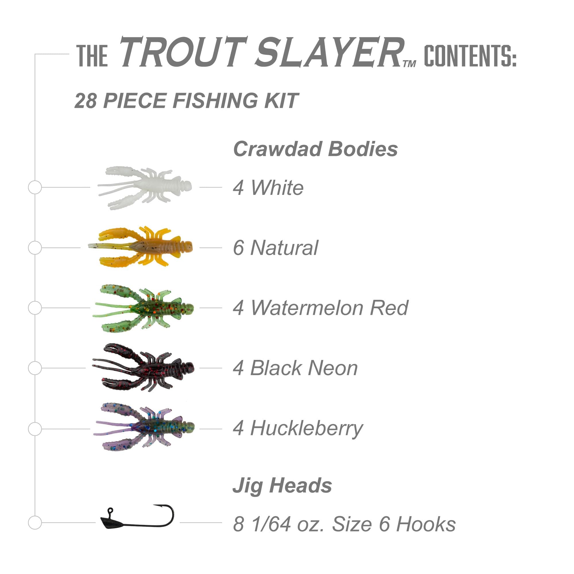 Trout Magnet Trout Slayer 28 Piece Fishing Kit, Includes 20 Crawdad Bodies and 8 Size 6 Long Shank Hooks, Great for Small Streams and Lakes, Catches All Species, White