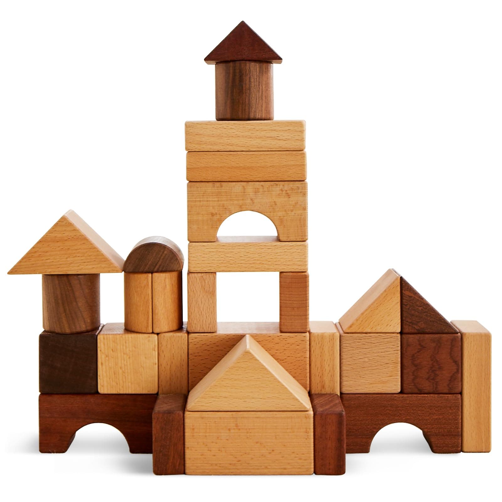 Beright Wooden Bulding Blocks Set, 32 Pcs, Crafted from Natural Materials Including Sapele and Beech