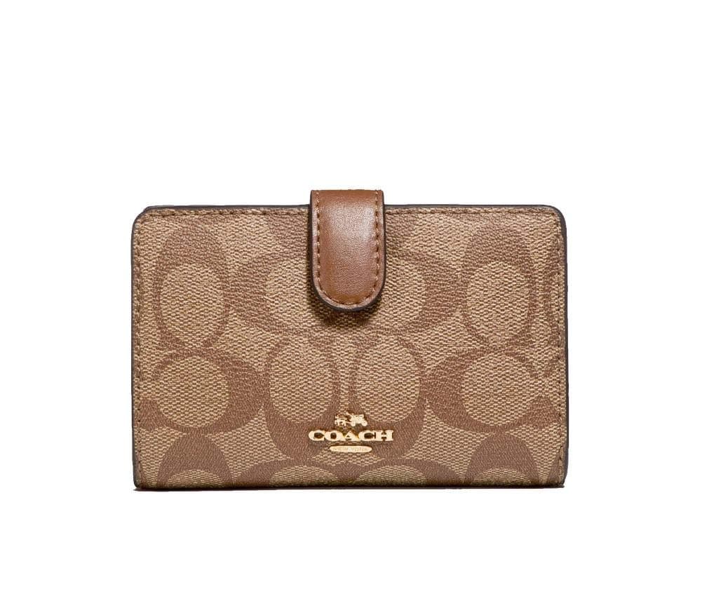 COACH Signature Coated Canvas Medium Corner Zip Wallet in Khaki/Saddle