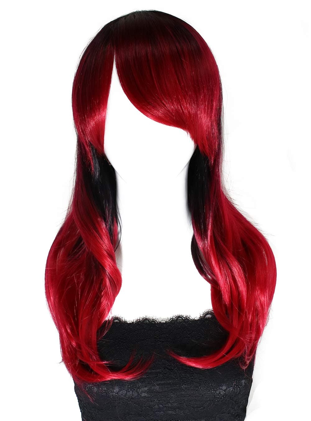 Long Curly Cosplay Wigs with Bangs Heat Resistant Wave Ombre Synthetic Handmade Full Wig For Women Daily Use and Anime Costume Party(19" Black Mix Red)
