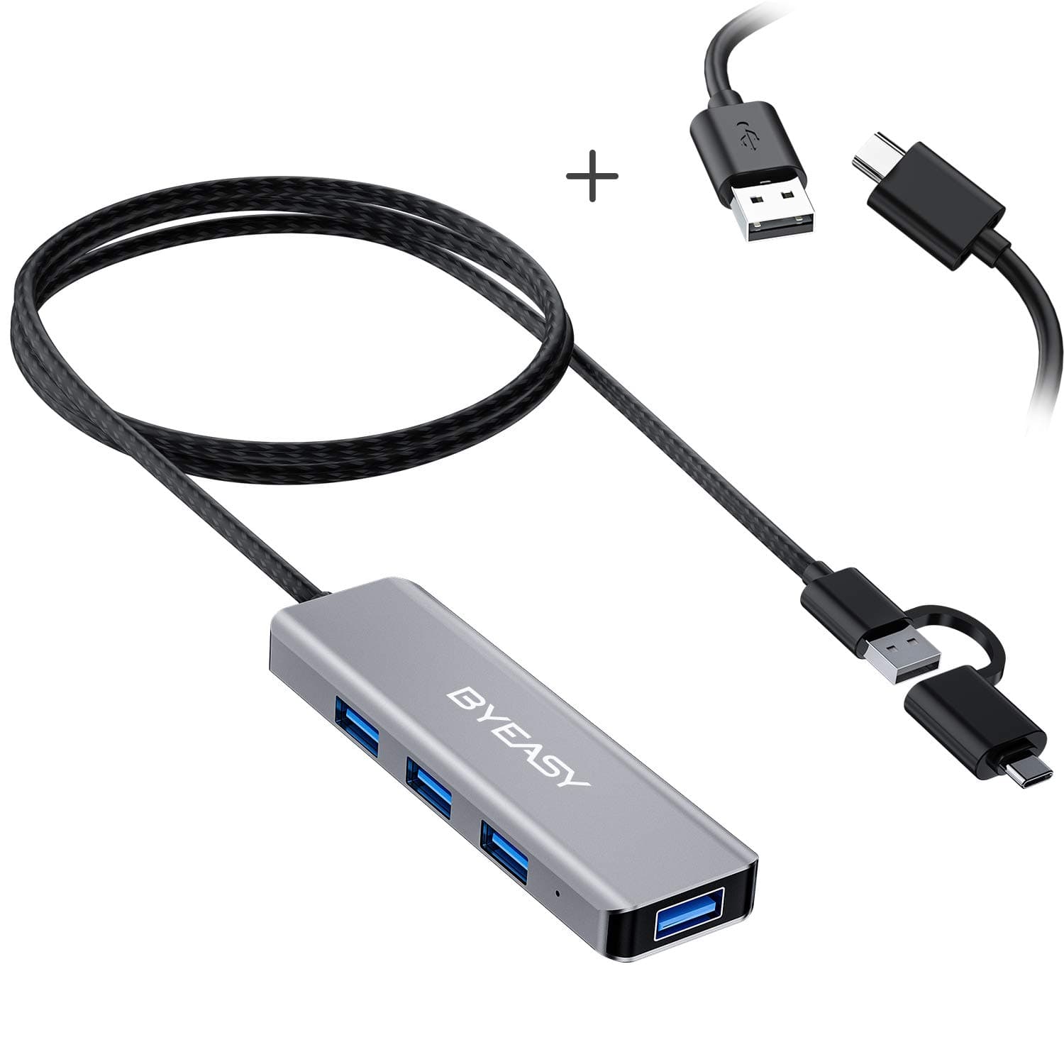 USB 3.0 Hub 4 Ports, BYEASY Aluminum USB Hub 3.1 with Micro USB Cable, USB Type-C [Thunderbolt 3] to USB Hub with 2ft Extended Braided OTG Cord, USB Splitter for MacBook Pro, Oculus Rift S, Ps4, PS5