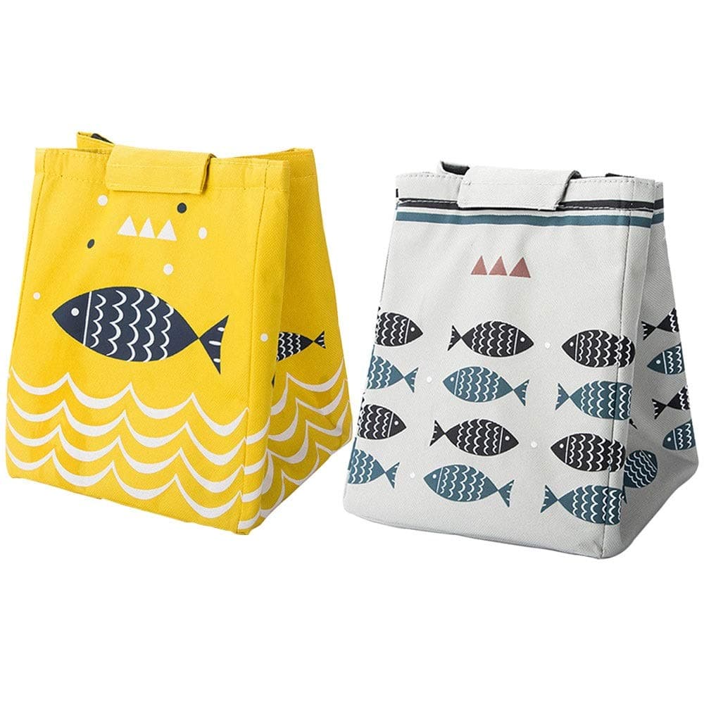 2Pcs Cartoon Cute Fish Lunch Bag Lunchbots Bag for Adults/Women/Kids/Men, Outdoor Portable Oxford Cloth Waterproof Sealing Package Lunch Bag for Office/School/Picnic (Yellow and Beige)