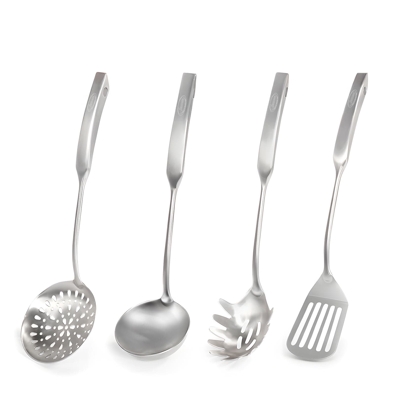 Newness 4 Pcs Cooking Utensils Set, 304 Stainless Steel Kitchen Utensils Set, Metal Kitchen Accessories, Include Soup Ladle, Slotted Skimmer Spoon, Spaghetti Spoon and Spatula, Dishwasher Safe