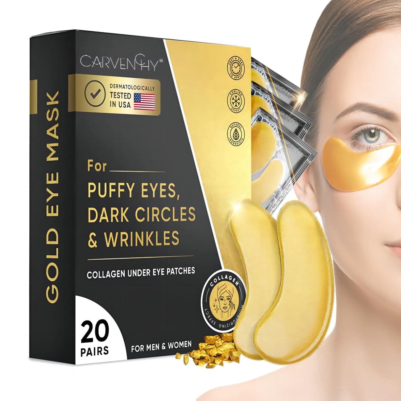 Under Eye Gel Patches, 20 Pairs - Golden Eye Mask with Amino Acid & Collagen, Cooling Eye Care for Wrinkles, Puffy Eyes & Dark Circles, Skincare Treatment for Men & Women, USA Tested