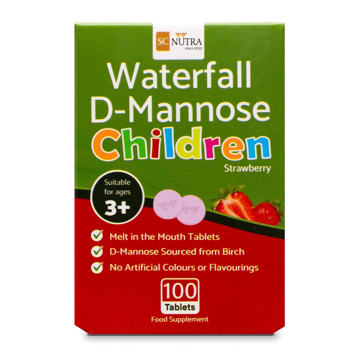 Waterfall D-Mannose for Children Birch D-Mannose & Natural Strawberry Juice Powder for Boys & Girls 3 Years + | 250mg Tablets – 100 Count