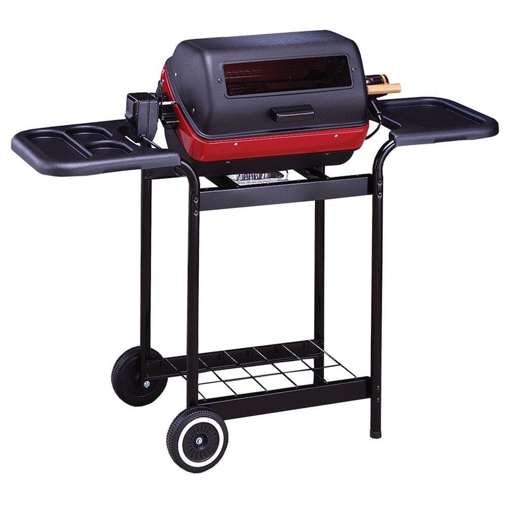 Americana Electric Cart Grill with two polymer side tables, wire shelf and rotisserie
