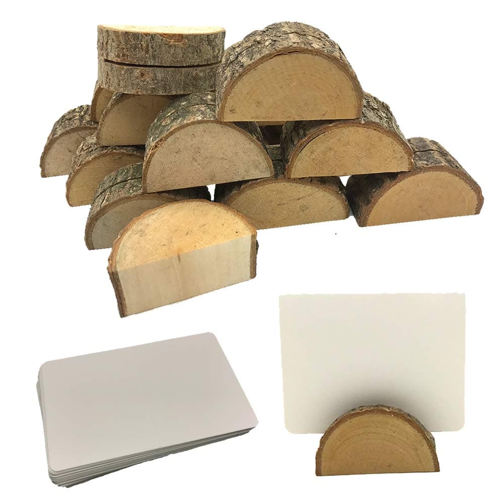 20 Pcs Rustic Wood Place Card Holders in Semicircle Shape Wooden Bark Memo Holder Stand Card Photo Picture Note Clip Holders and 30 Pcs Kraft Place Cards for Wedding Party Table Number Sign