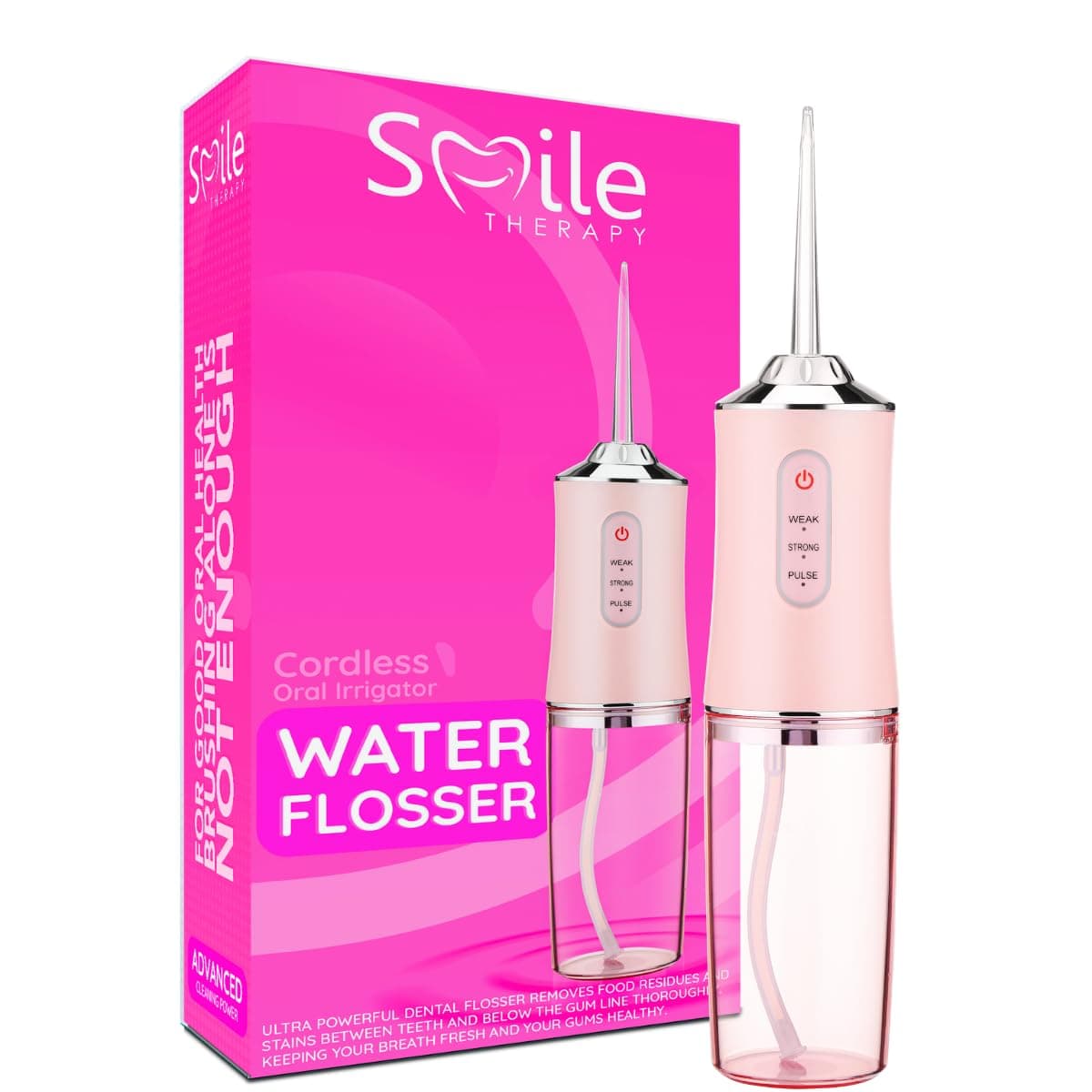 Smile TherapyWater Flosser for Teeth - Pink, 300ml Tank | Cordless Oral Irrigator & Dental Water Jet | 4 Brush Tips to Floss & Remove Plaque, Stains & Food Residue | Travel & Home USB Rechargeable