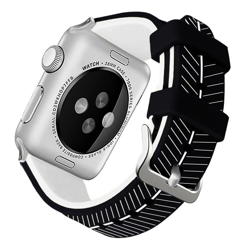 Podoru for Apple Watch band, Soft Silicone Replacement Watchband 38mm 42mm with Stainless Steel Bucklefor Series 1 Series 2 Series 3 （Leaf 1 BLACK 38）