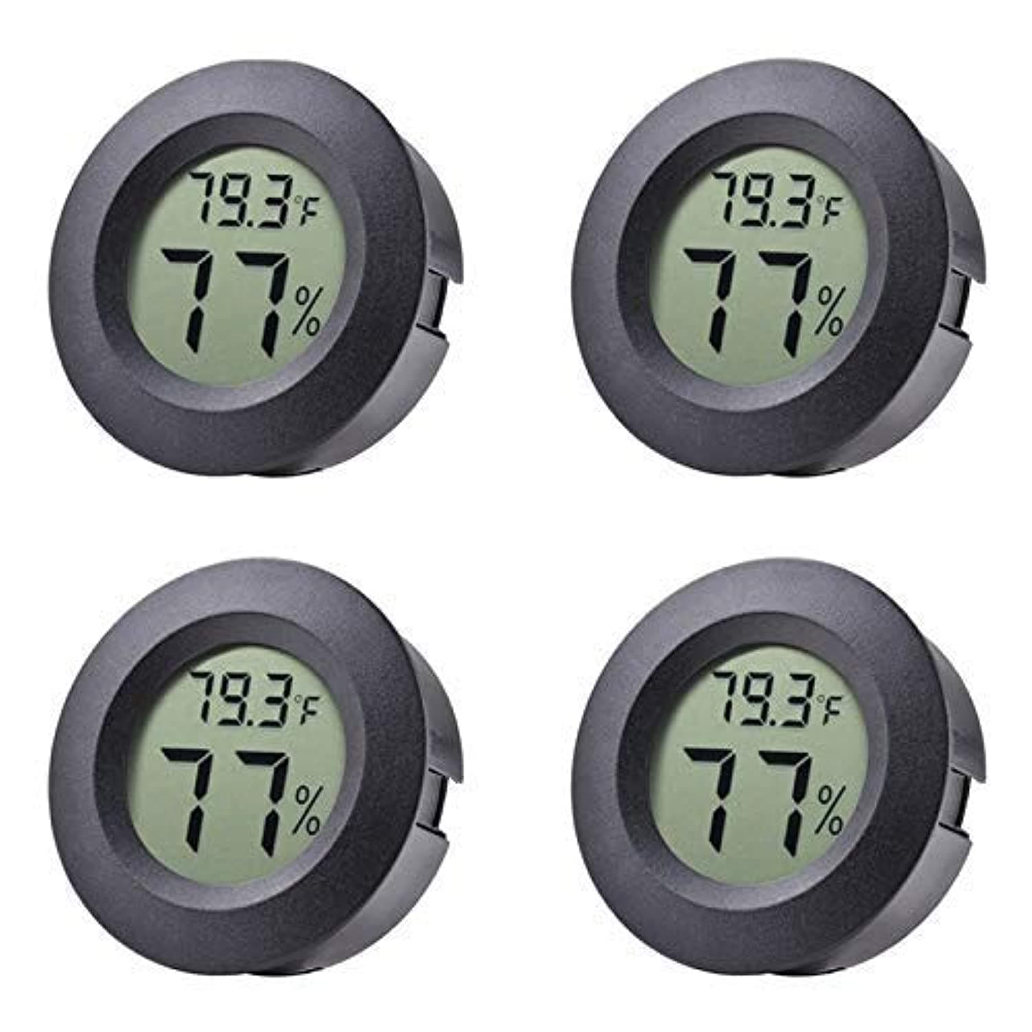 4-pack Mini Hygrometer Thermometer Fahrenheit or Celsius Meter Digital LCD Monitor Indoor Room Round Humidity Temperature Gauge for Humidors Home Humidifiers Car Greenhouse Babyroom, Black