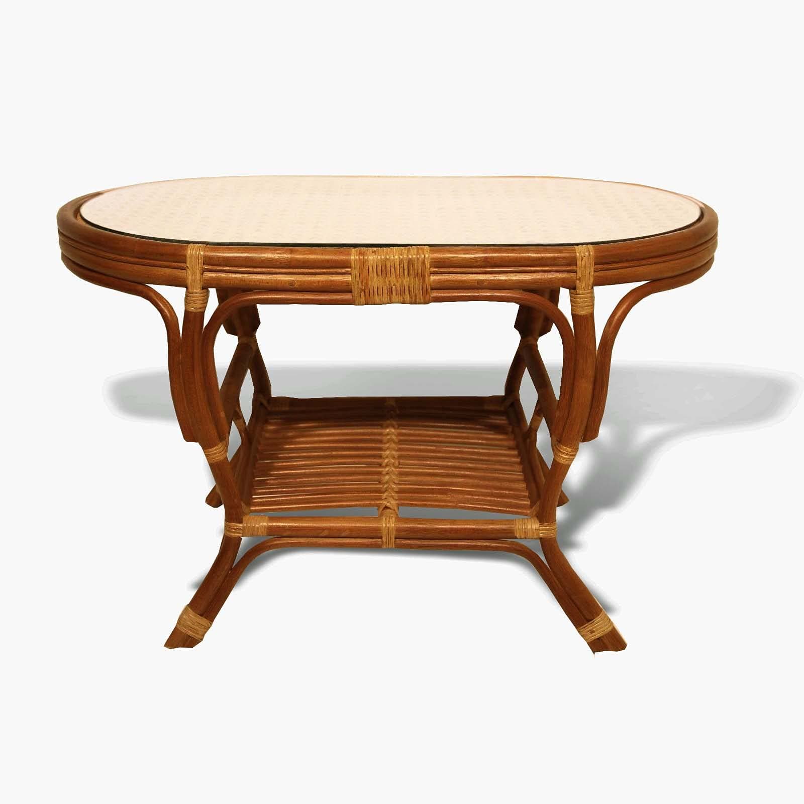 Pelangi Coffee Oval Table with Glass Top Natural Rattan Wicker ECO Handmade Design, Cognac