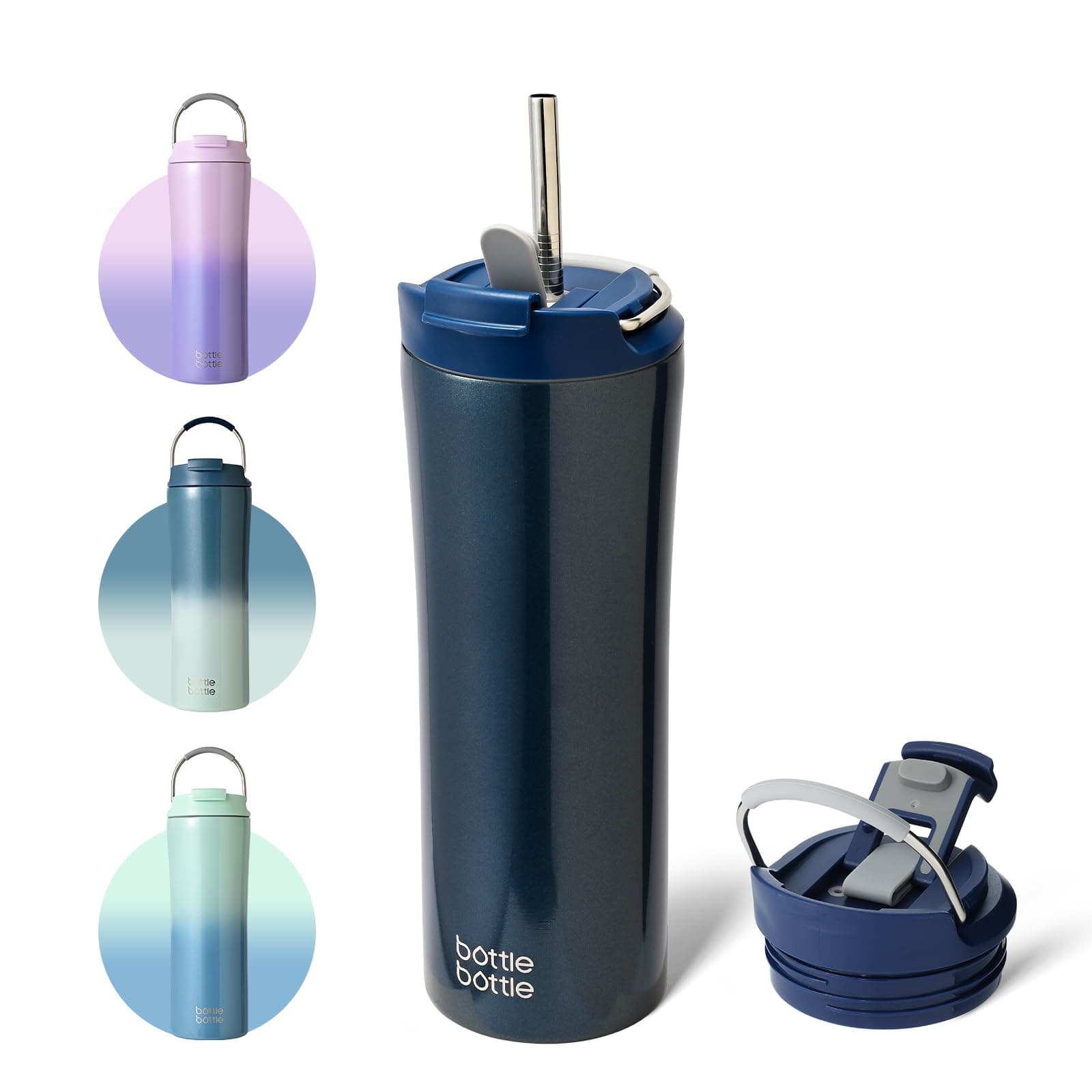 BOTTLE BOTTLE Insulated Coffee Tumblers with Dual-use Lid and Straw Double Walled Iced Travel Coffee Mug for Woman and Man 18 oz Stainless Steel Tumbler with Handle(Dark Blue)
