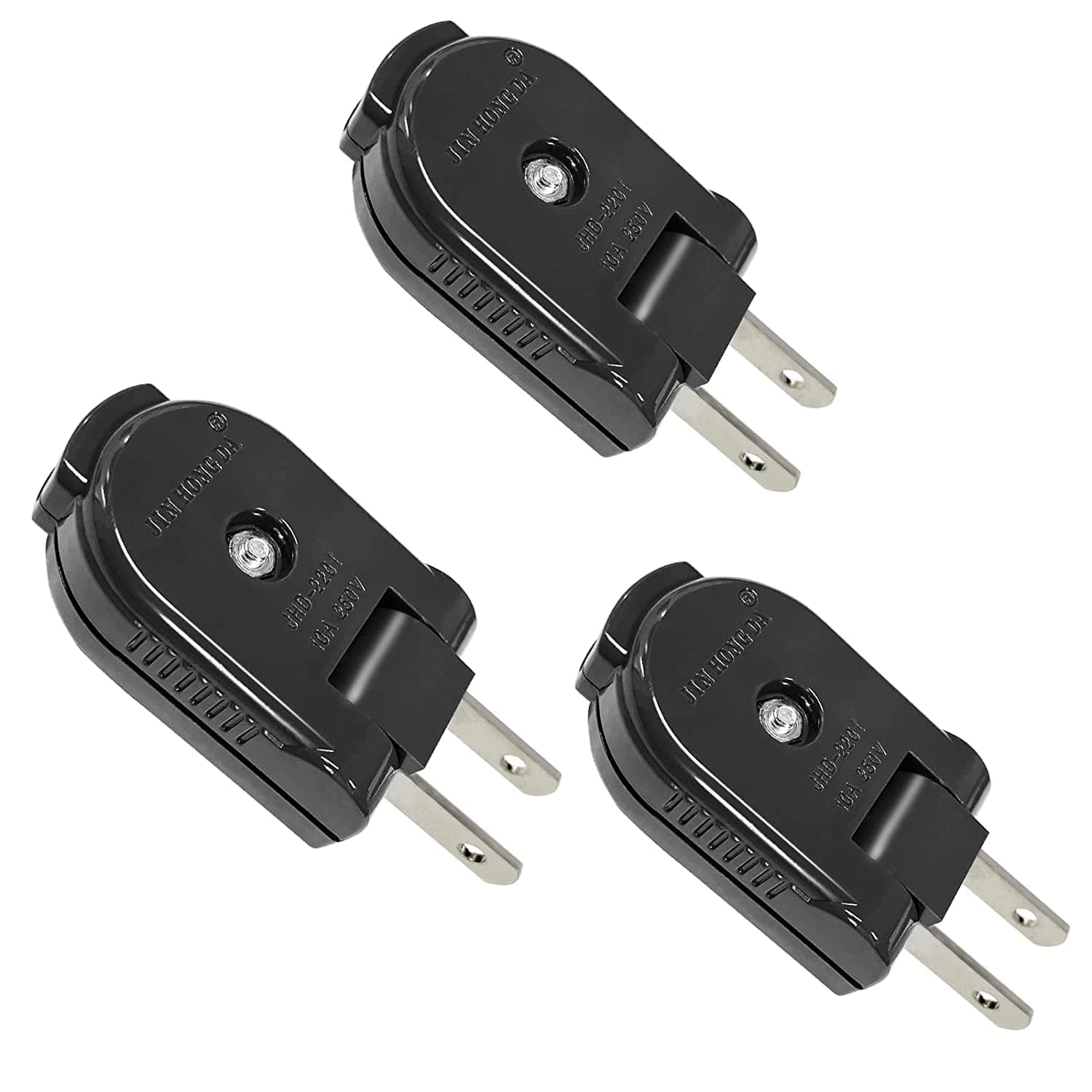 Extension Cord Replacement Male Power Plug, 2 Prong, 125V/10A, Non-Grounding, Ideal for Small Appliances Such as Power Strips & Lamps & DIY Projects, 3-Pack, Black