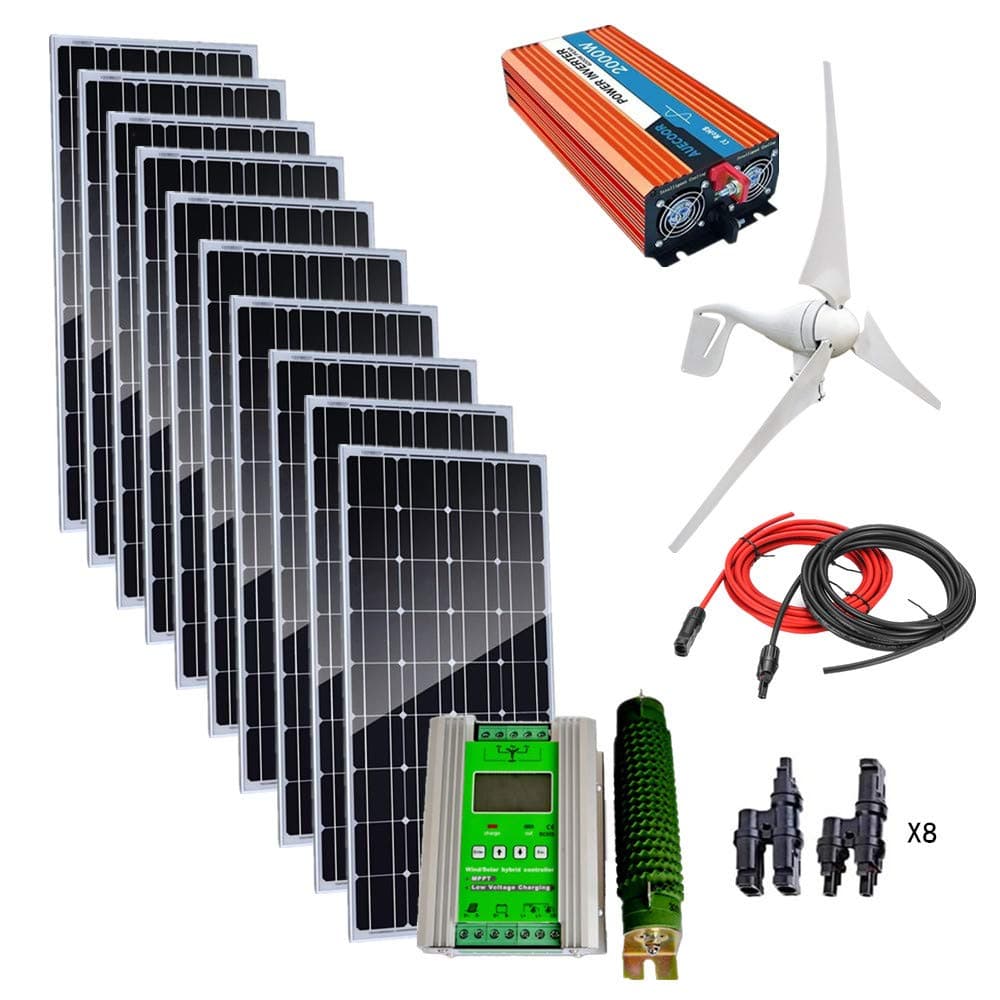 1.4Kw Wind Solar Power: 10pcs 100W mono Solar Panels & 400W Wind Turbine Generator & 2000W 24V Off Grid Inverter & Cable Connector Home Boat RV