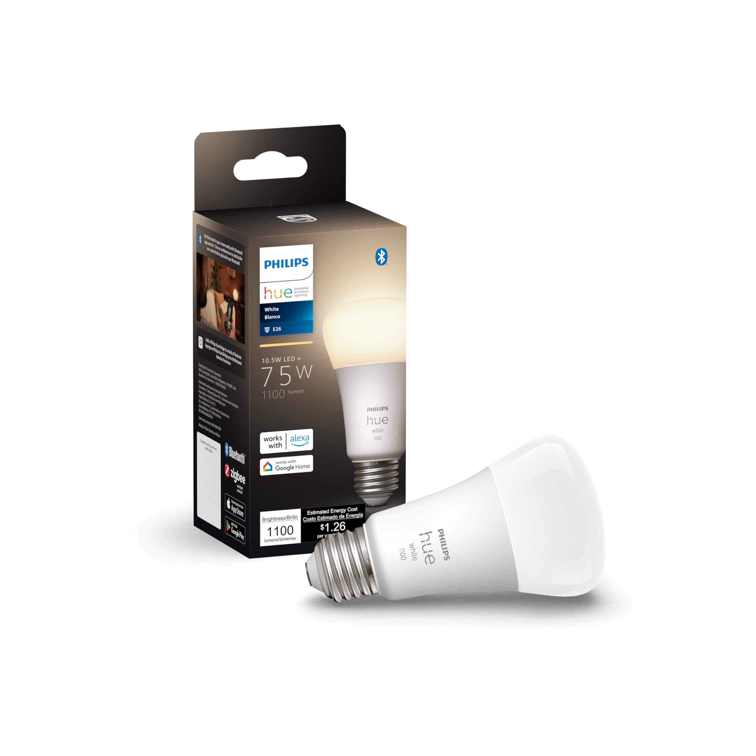 Smart 75W A19 LED Bulb - Soft Warm White Light - 1 Pack - 1100LM - E26 - Indoor - Control with Hue App - Works with Alexa, Google Assistant and Apple Homekit