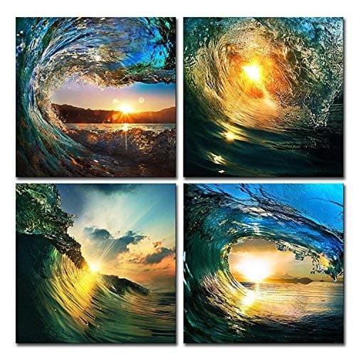 CUFUN Art- Sunrise in Sea Wave Art, Ocean View Painting, Print on Canvas, Wall Decoration, Wrapped with Wooden Frame, Easy to Hang, 4 pieces combination of one set (40cm x 40cm x 4pcs)