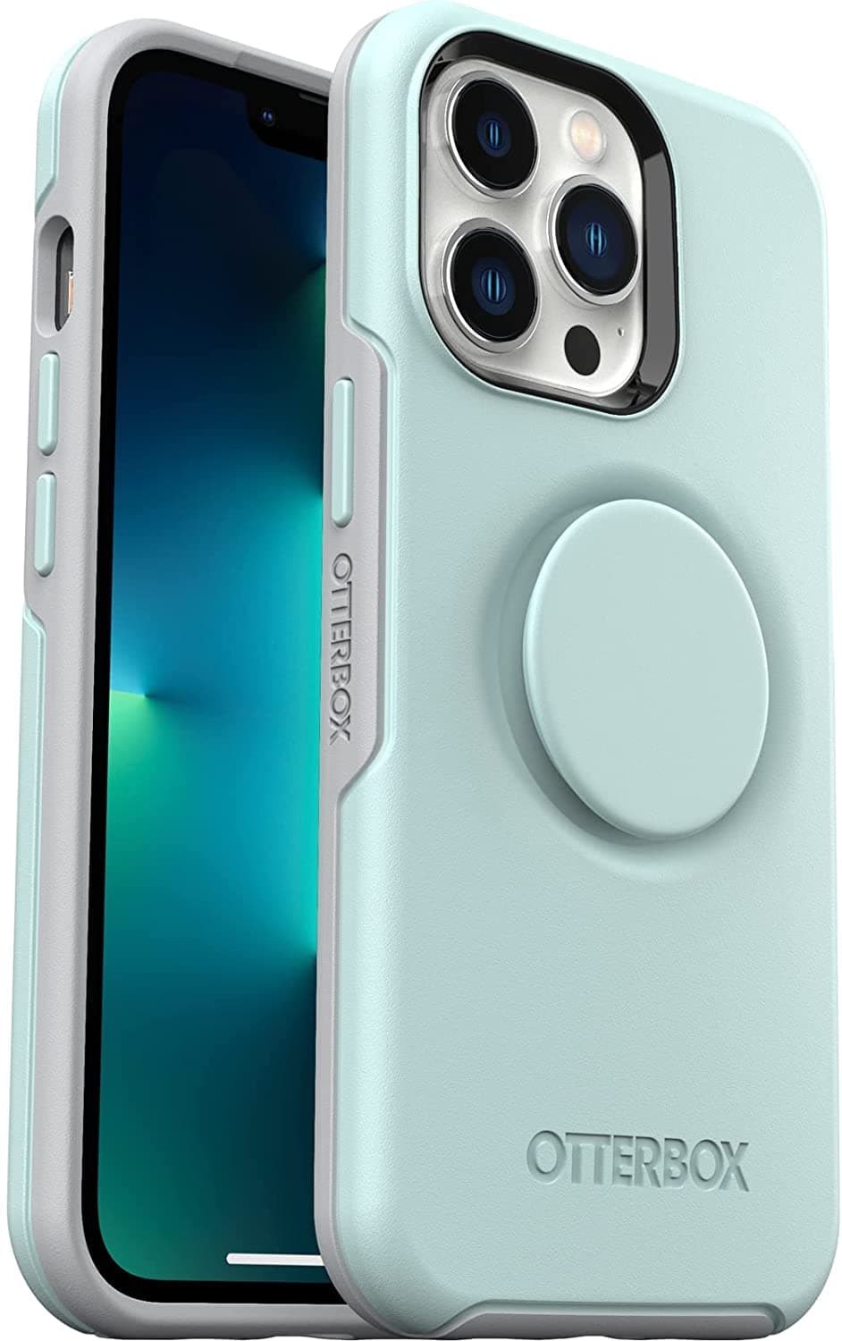 OtterBox iPhone 13 Pro Otter + Pop Symmetry Series Case - Quiet Water (Blue), PopSockets PopGrip, Slim, Pocket Friendly, Raised Edge Protects Camera and Screen
