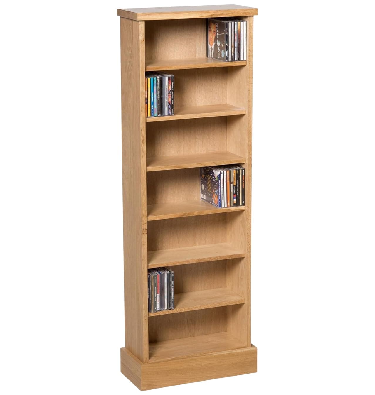 Hallowood Furniture Waverly Oak CD Shelf Unit, 7-Tier Solid Wooden Narrow CD Storage Tower, Media Storage Display Cabinet for CDs, DVDs, Books, Light Oak Furniture or Living Room, Bedroom & Office