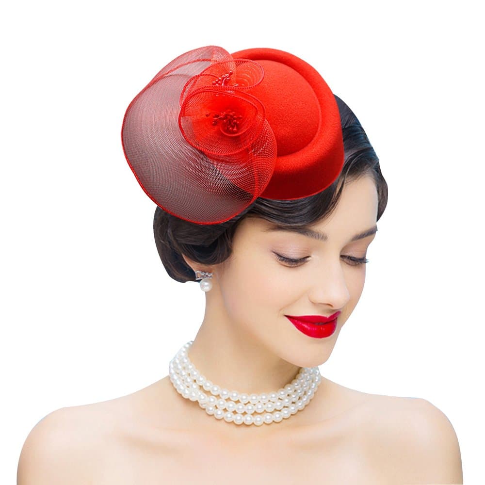 Edith qiWomens Fascinator Vintage Mesh Net Wool Felt Pillbox Hats Hair Clip (Ivory)
