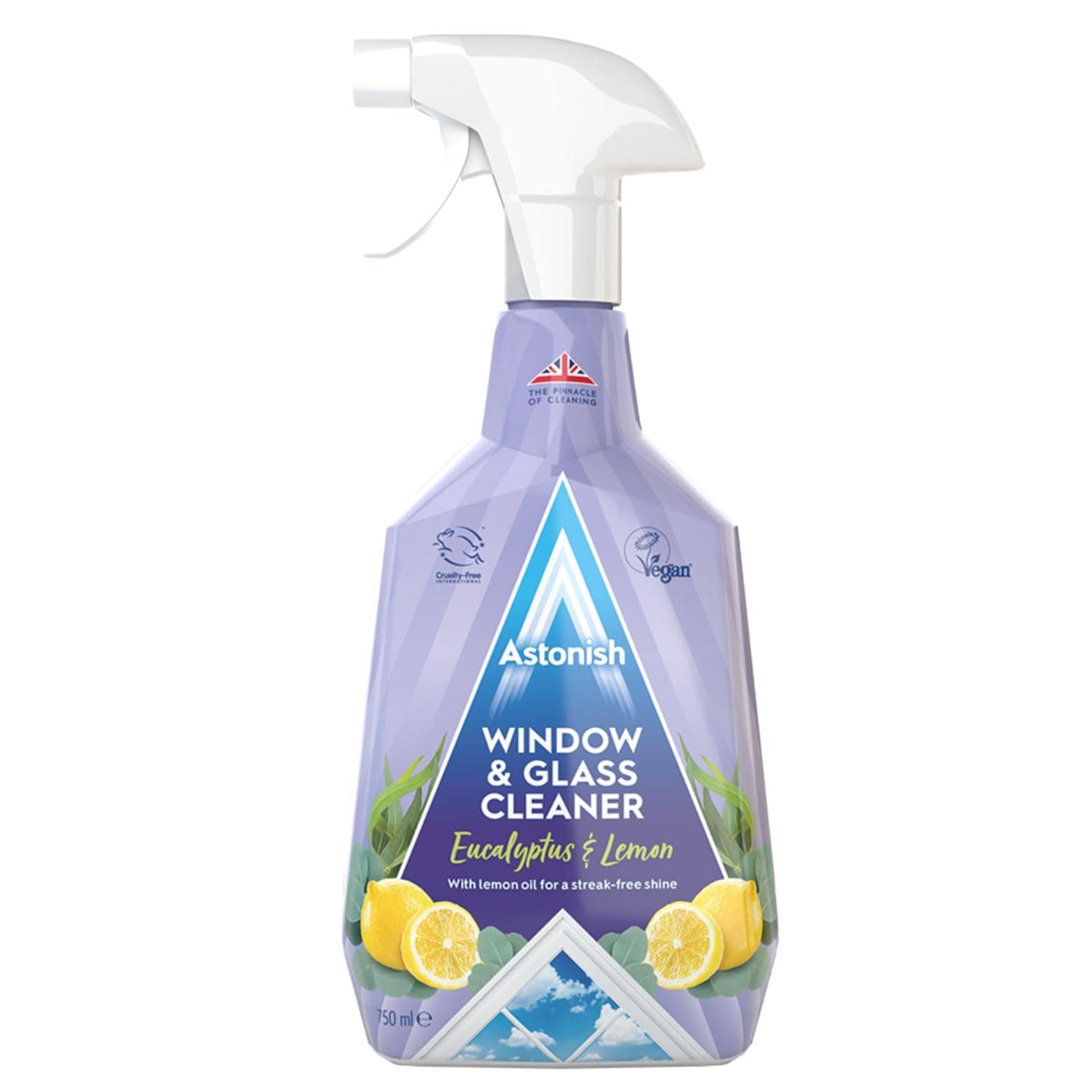 Streak Free Window & Glass Cleaner Spray Bottle With Vinegar For Deep Cleaning - Eucalyptus & Lemon Scented Home And Bathroom Cleaner - Vegan Cruelty Free Household Cleaning Supplies, 750ml