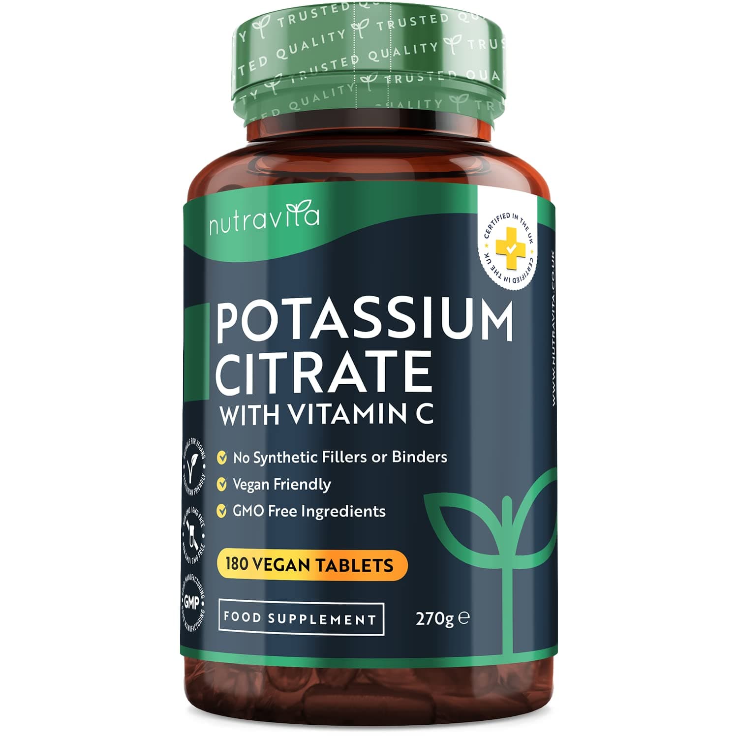 Potassium Supplement 1390mg with Vitamin C - 180 Vegan Tablets (3 Month Supply) - High Strength Potassium Citrate - Electrolytes Support - Contributes to Normal Muscle Function - Nutravita