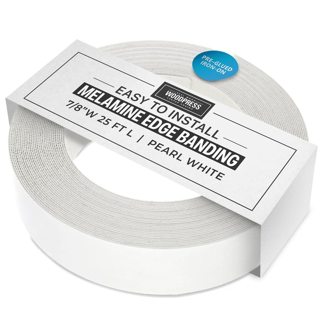 WoodPress® 7/8 inch Pearl White Melamine Edge Banding, Pre-Glued Veneer Tape – 25 ft Roll - Iron-On for Easy DIY Application – Will Cover The Edge of a Standard 8' x 4' MDF Panel