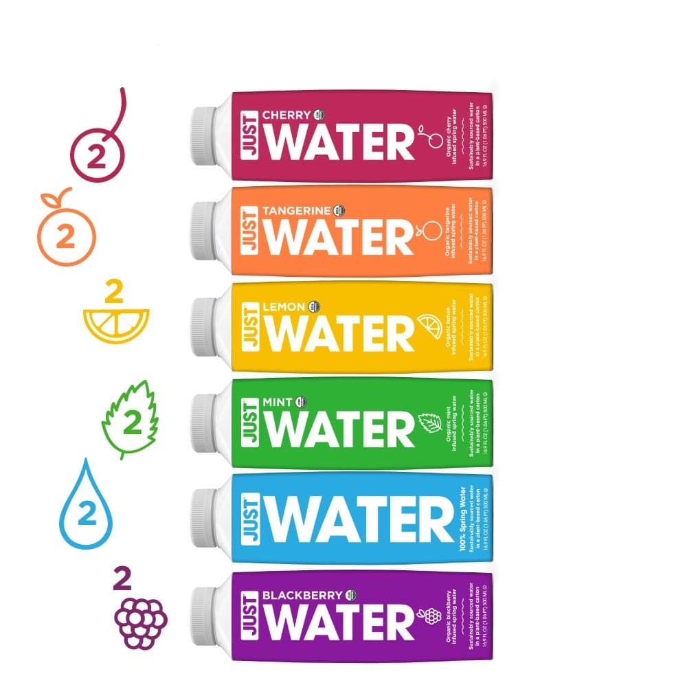 JUST Water Flavor Sampler Pack | Spring Water Infused with Organic Fruit – Eco-Friendly Boxed Bottled Water | Zero Sugar, Artificial Flavors,or Sweeteners, Alkaline pH of 8.0 | 16.9 fl oz (Pack of 12)