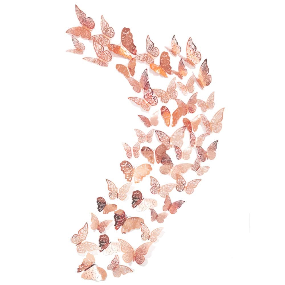 48Pcs Butterfly Decorations, Creatiee 3D Wall Decals|Metallic Art Sticker, DIY/Handmade/Removable/Pressure Resistance Paper Murals Gift for Home Kids Bedroom Nursey Party Décor (Rose Gold)
