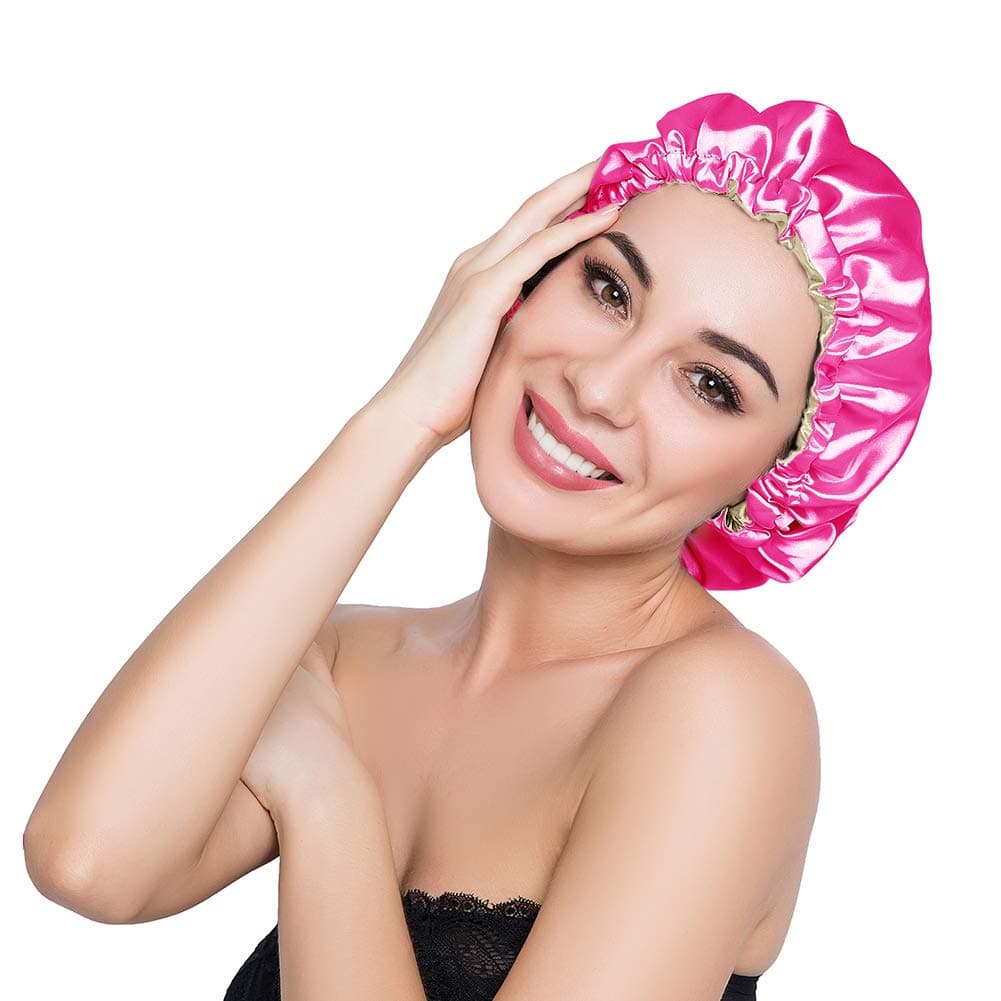 Stain Bonnet Silky Sleep Cap Adjustable Satin Cap for Night Sleeping Hair Bonnet Reversible Double Layer Rose/Beige